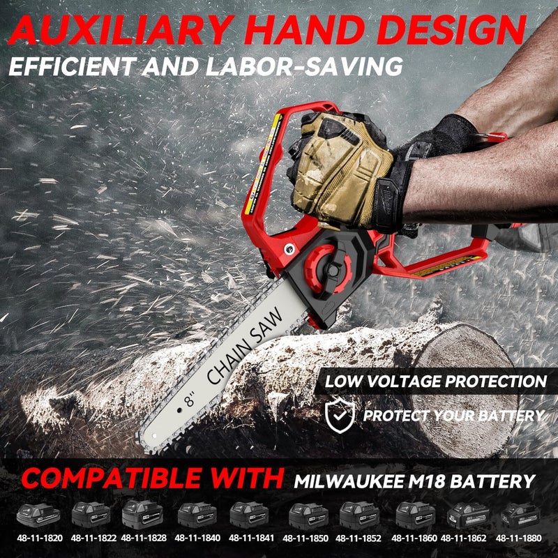 DEMIMA Mini Chainsaw for Miwaukee M18 Battery, 8-Inch and 6-Inch 2-IN-1 Cordless Electric Chain saw with Brushless Motor and Auto-Oiler, 800W Hand Mini Chainsaw for Tree Pruning Wood Cutting(No Battery) - Image 3
